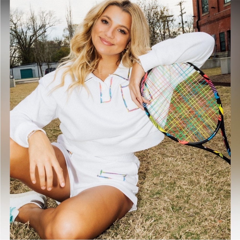 Queen of Sparkles White Polo style Sweatshirt long sleeve Rainbow Trim sequins
